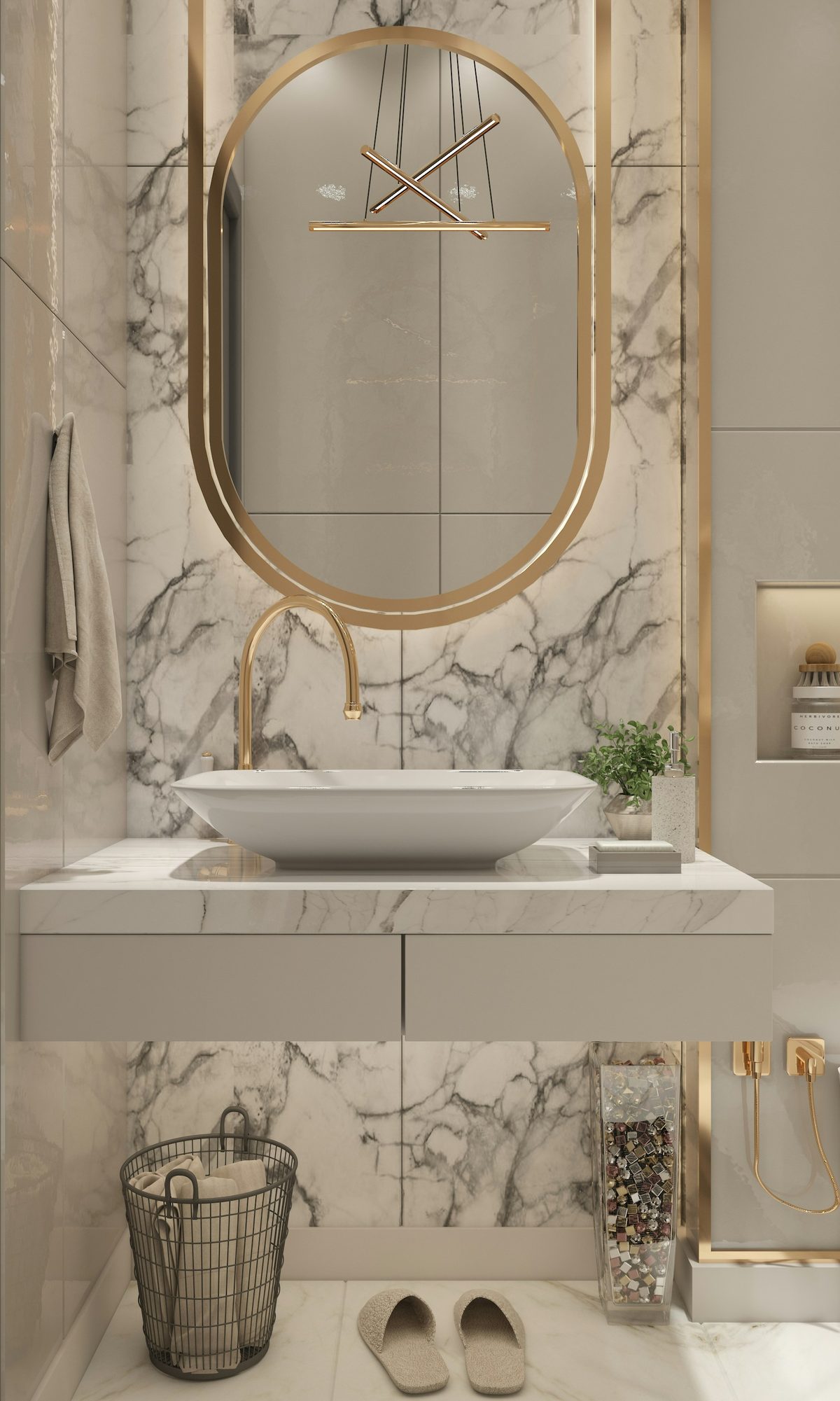 A marble vanity with brass fittings